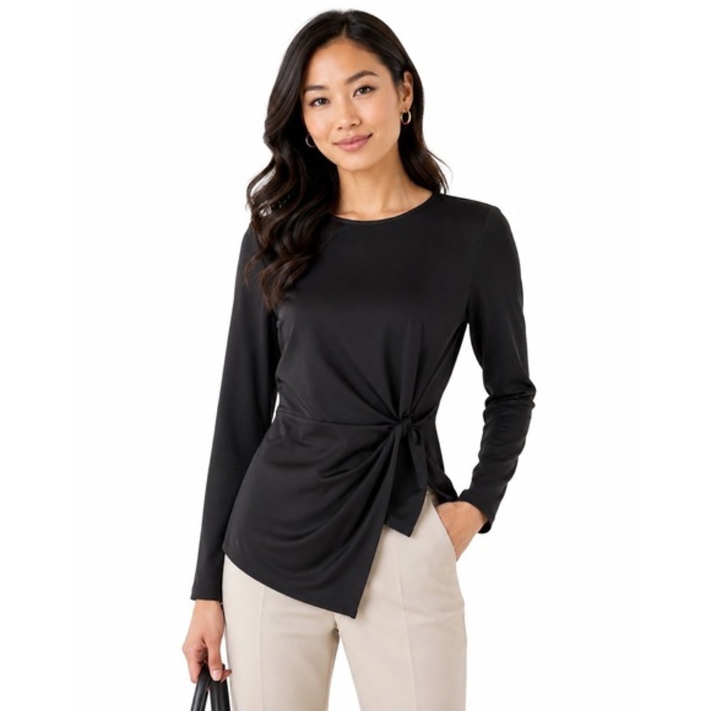 Ann Taylor Black Long Sleeve Twist Waist Knot Drape Top Blouse M Chic 83-47
